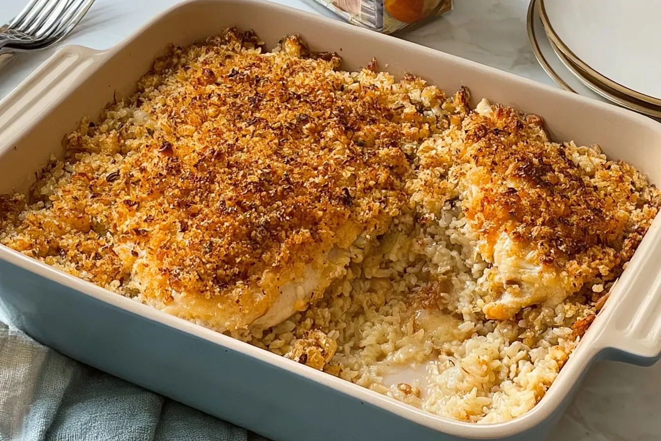 Garlic Butter Chicken Dump and Bake Casserole in a Baking Dish