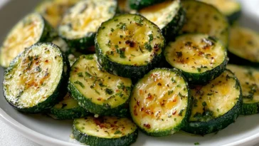 Garlic Herb Roasted Zucchini Slices Plated with Fresh Herbs