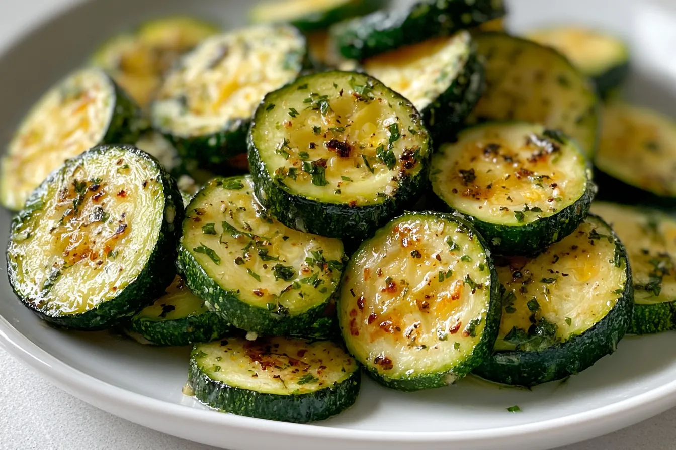 Garlic Herb Roasted Zucchini Slices: Perfect Easy Side 3 Garlic Herb Roasted Zucchini Slices Plated with Fresh Herbs