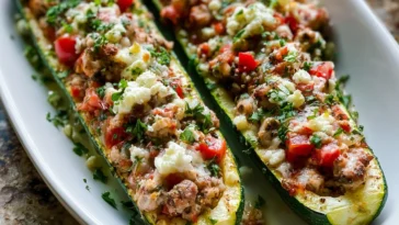 Greek Chicken Stuffed Zucchini Boats Plated