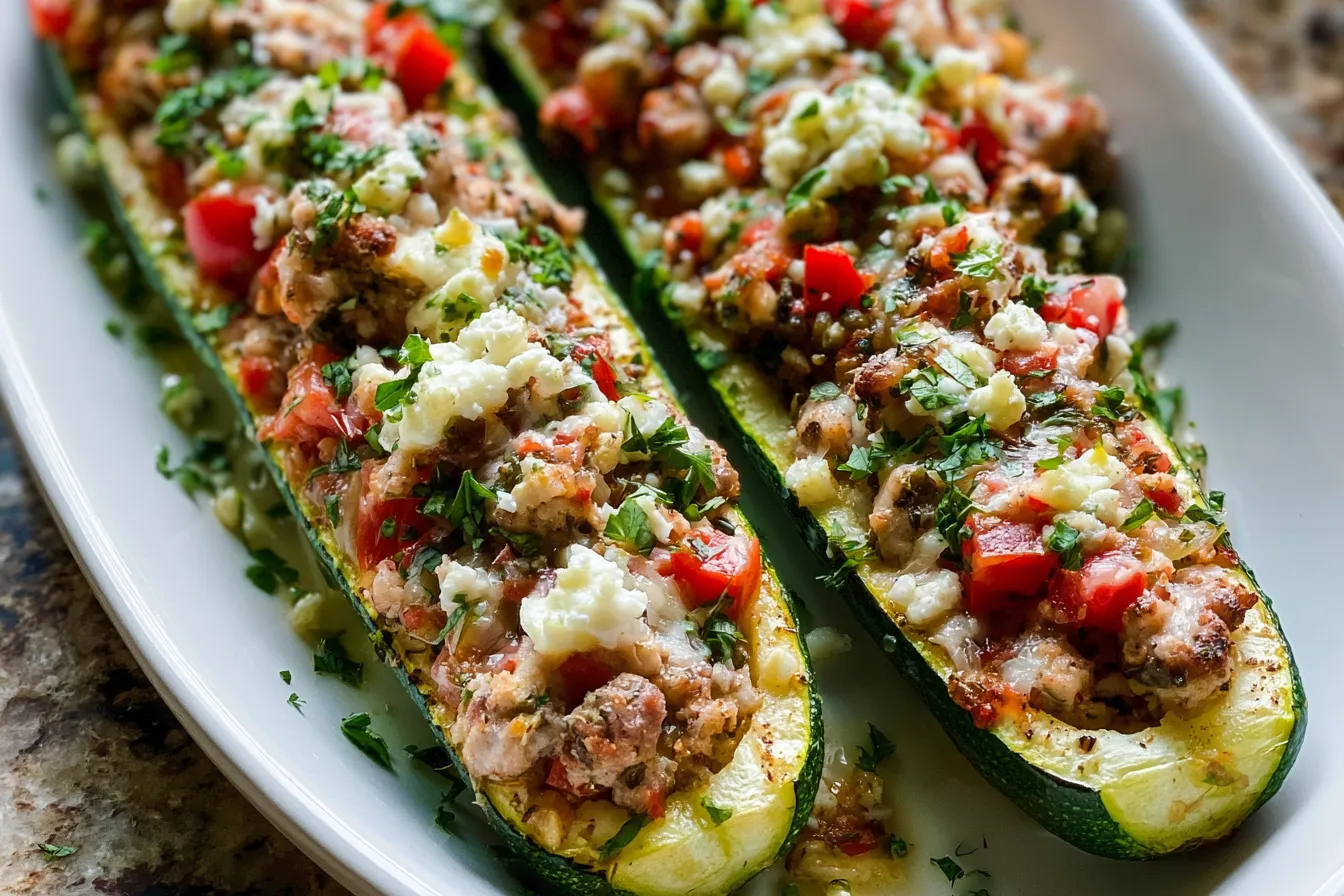 Greek Chicken Stuffed Zucchini Boats: A Delicious Twist 3 Greek Chicken Stuffed Zucchini Boats Plated