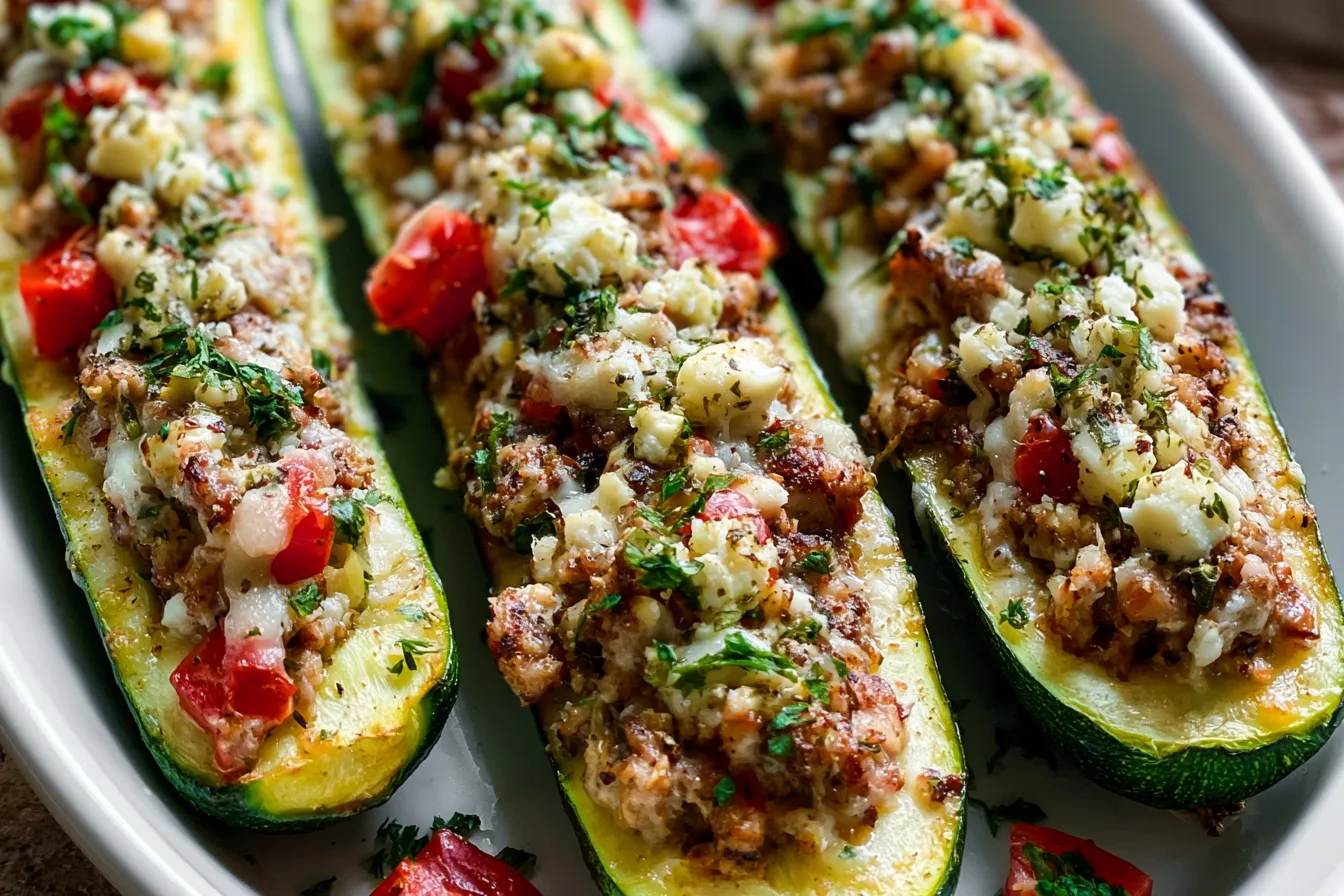 Greek Chicken Stuffed Zucchini Boats 