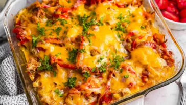 Healthy Chicken Fajita Casserole in a Serving Dish
