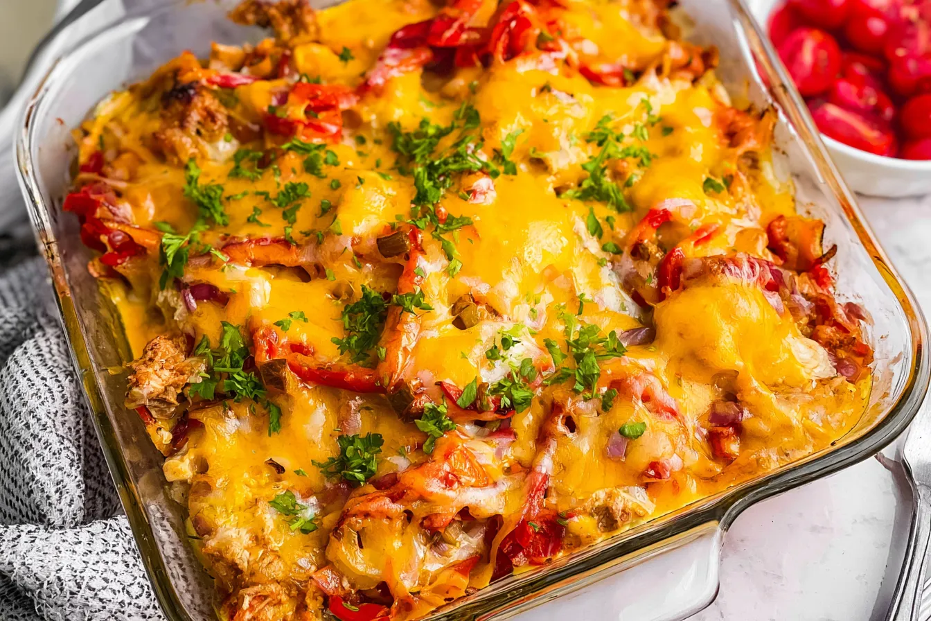 Healthy Chicken Fajita Casserole in a Serving Dish