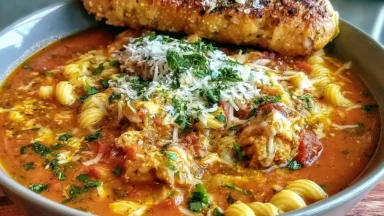 Hearty Crockpot Chicken Parmesan Soup in a Bowl
