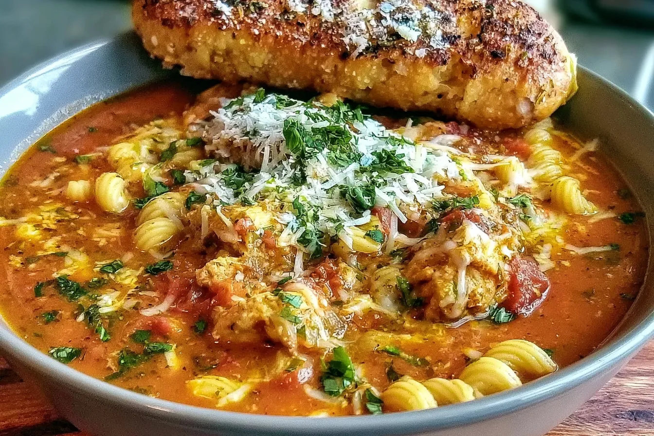 Hearty Crockpot Chicken Parmesan Soup in a Bowl