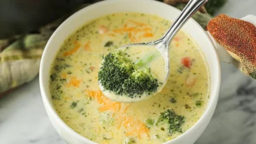 High Protein Broccoli Cheddar Soup in a Bowl