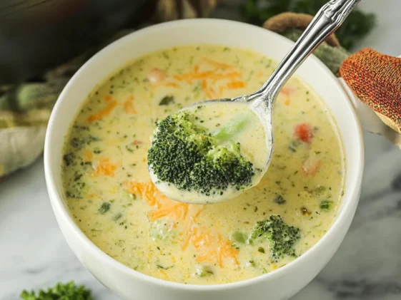 High Protein Broccoli Cheddar Soup in a Bowl