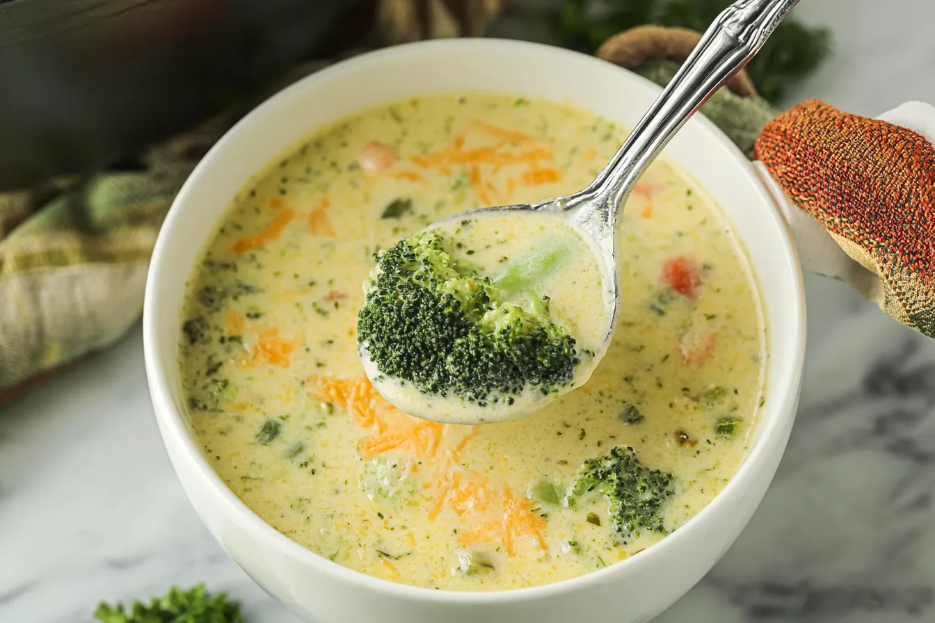 High Protein Broccoli Cheddar Soup in a Bowl