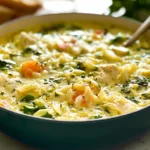 Lemon Chicken Orzo Soup Served in a Bowl