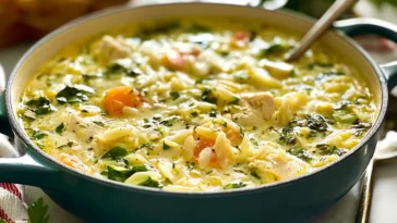 Lemon Chicken Orzo Soup Served in a Bowl