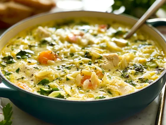 Lemon Chicken Orzo Soup Served in a Bowl