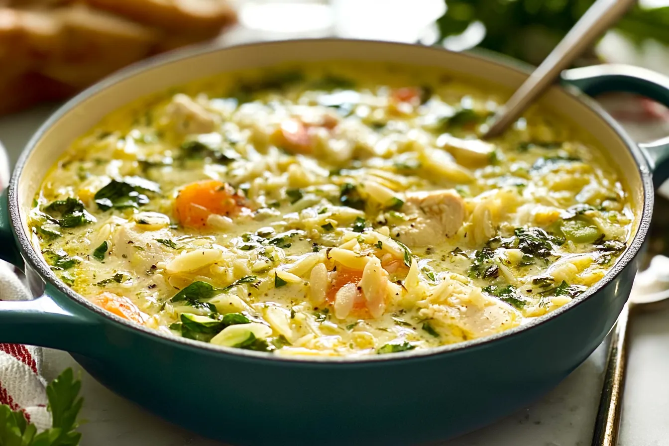 Lemon Chicken Orzo Soup Served in a Bowl