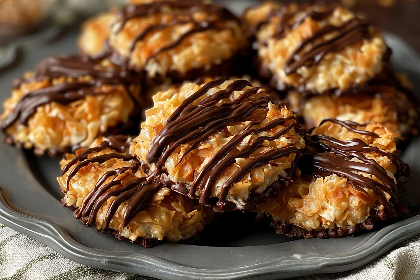 No-Bake Samoa Cookies: Irresistible Treat You Will Love 3 No-Bake Samoa Cookies on a White Plate