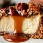 Pecan Pie Cheesecake Slice with Caramel Drizzle