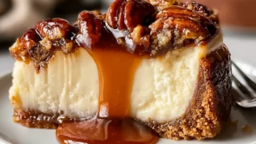 Pecan Pie Cheesecake Slice with Caramel Drizzle