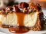 Pecan Pie Cheesecake Slice with Caramel Drizzle