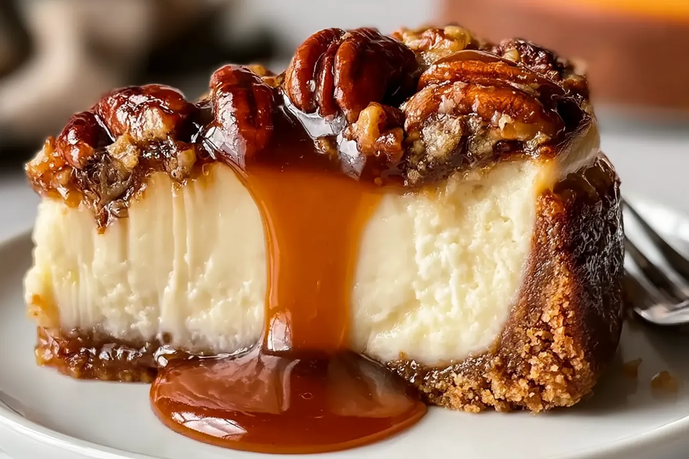 Pecan Pie Cheesecake: The Ultimate Creamy Southern Delight 3 Pecan Pie Cheesecake Slice with Caramel Drizzle