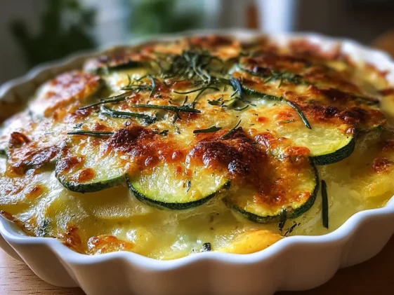 Delicious Potato-Zucchini Gratin on a Serving Dish