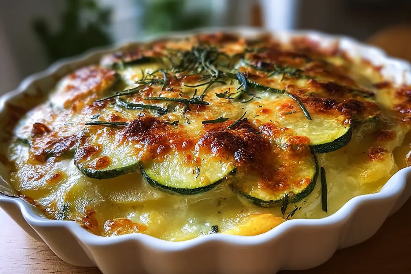 Delicious Potato-Zucchini Gratin on a Serving Dish