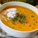 Pumpkin Carrot Soup in a Bowl with Fresh Herbs