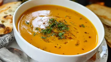 Pumpkin Carrot Soup in a Bowl with Fresh Herbs