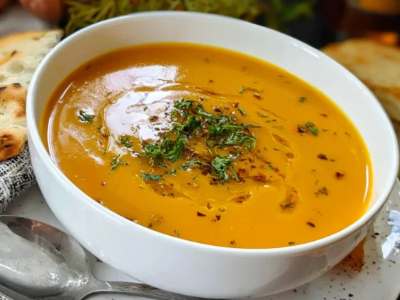 Pumpkin Carrot Soup in a Bowl with Fresh Herbs