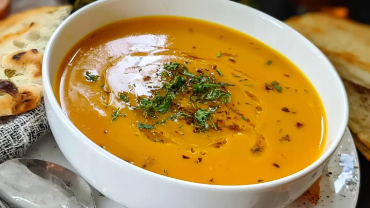 Pumpkin Carrot Soup in a Bowl with Fresh Herbs