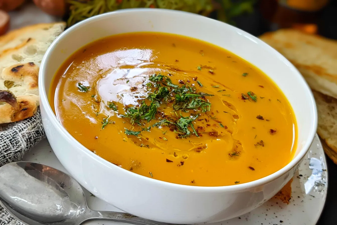 Pumpkin Carrot Soup in a Bowl with Fresh Herbs