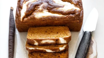 Sliced Pumpkin Cream Cheese Bread with Coffee