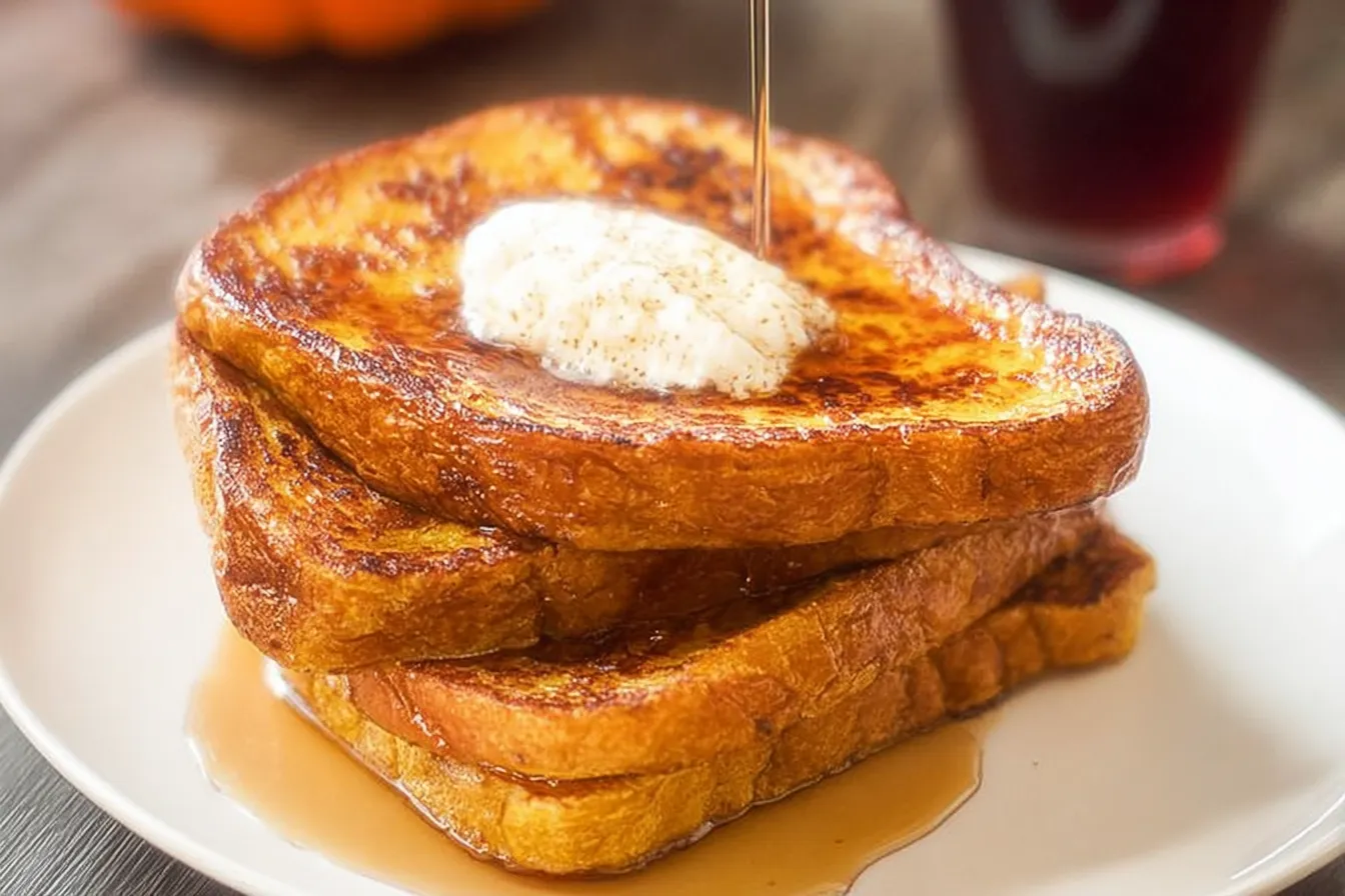 Delicious Pumpkin French Toast Served with Maple Syrup