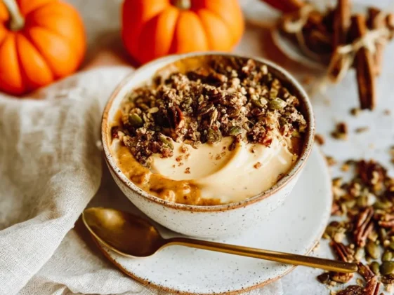 Pumpkin Pie Yogurt Bowl with Whipped Cream and Cinnamon