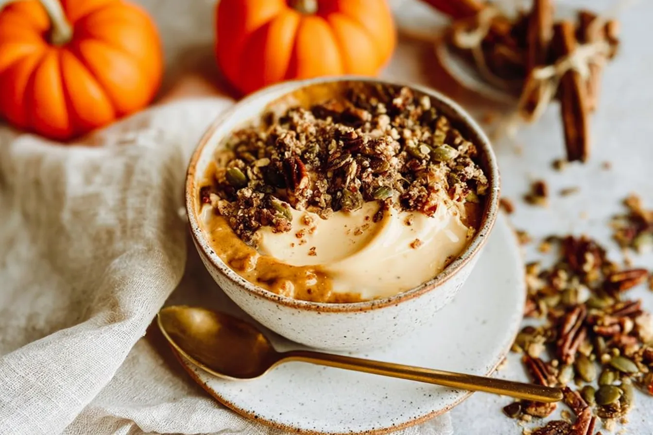 Pumpkin Pie Yogurt Bowl with Whipped Cream and Cinnamon