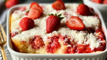 Delicious Strawberry Cheesecake Dump Cake on a Plate