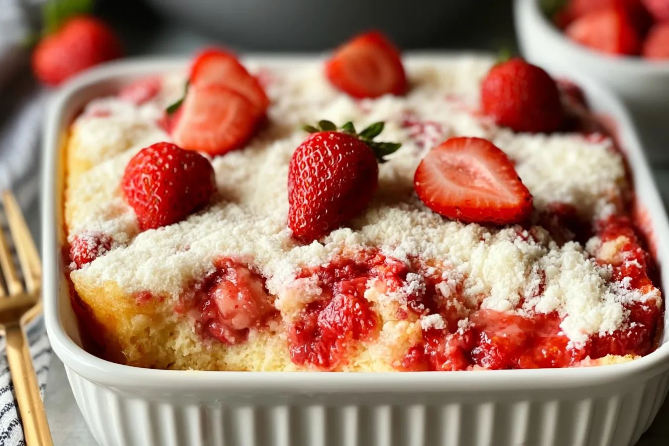Strawberry Cheesecake Dump Cake Recipe: A Delicious Delight 3 Delicious Strawberry Cheesecake Dump Cake on a Plate