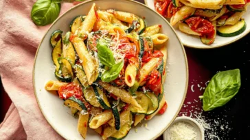 Colorful Tomato Zucchini Pasta on a Plate