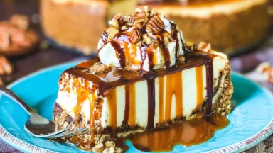 Turtle Cheesecake Slice on a Plate