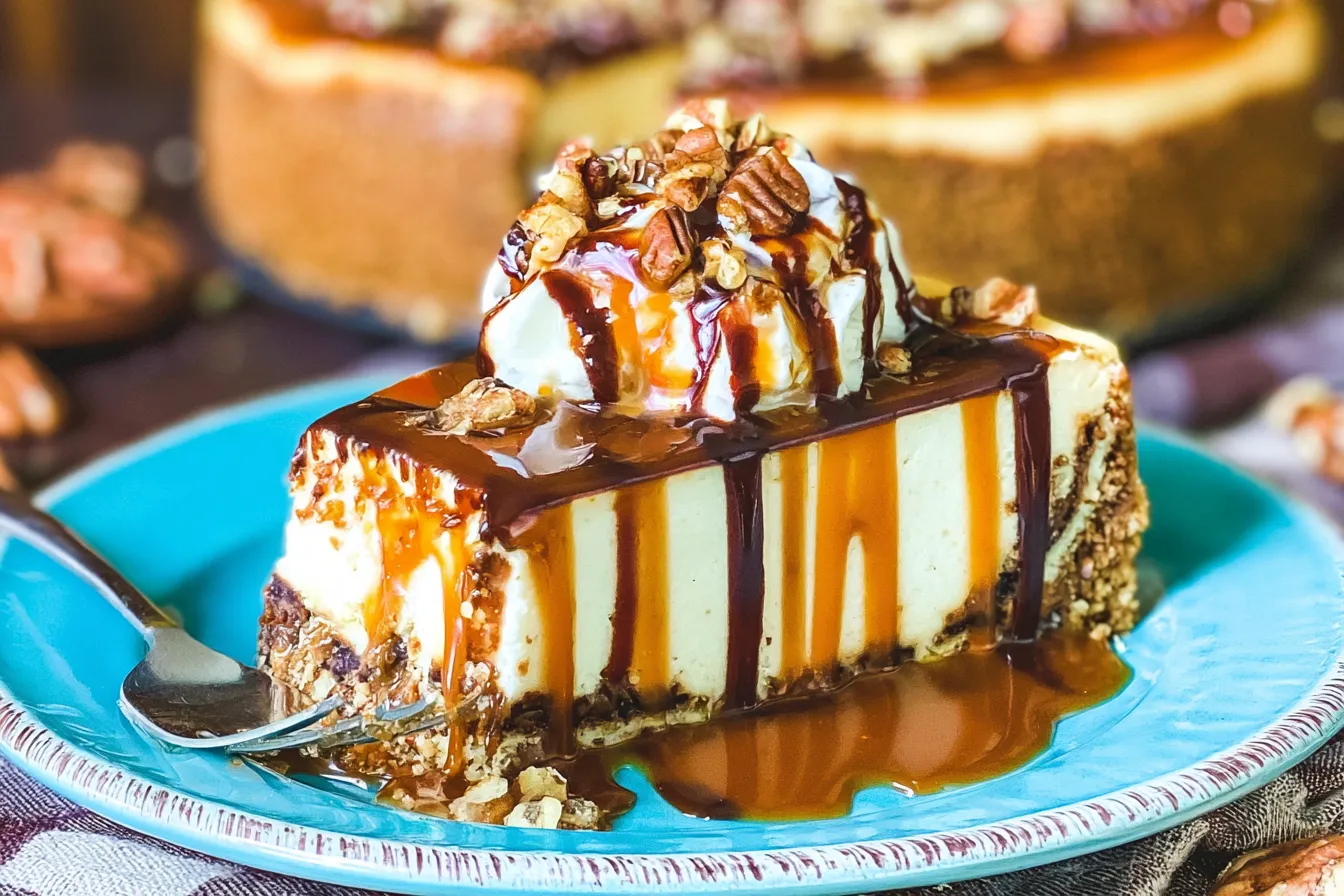 Turtle Cheesecake Slice on a Plate