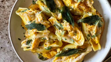 Vegan Pumpkin Ricotta Stuffed Shells Fresh Out of the Oven