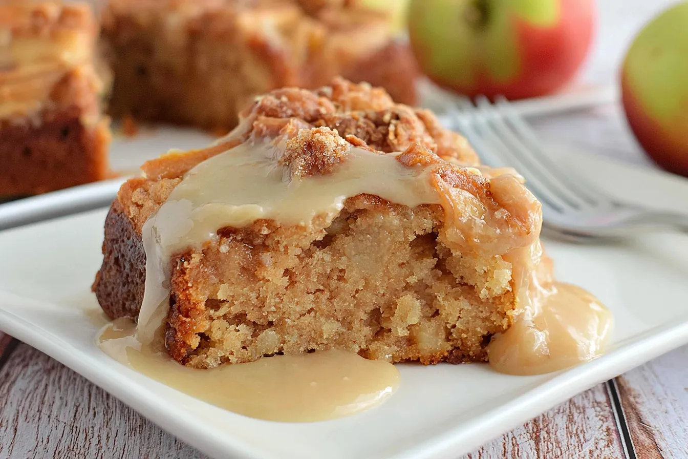 Sliced Apple Dapple Cake with Caramel Drizzle