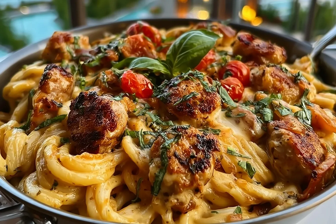 Delicious Chicken Apple Sausage One Pan Pasta in a Bowl