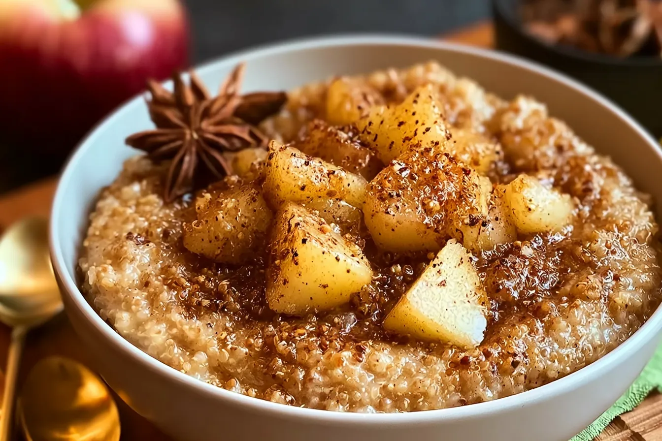 Cinnamon Apple Breakfast Quinoa in a Bowl with Apples and Cinnamon