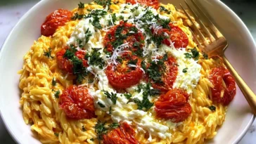 Creamy Roasted Tomato Orzo with Whipped Feta - Perfectly Cozy Dish
