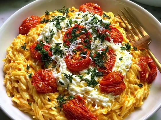Creamy Roasted Tomato Orzo with Whipped Feta - Perfectly Cozy Dish
