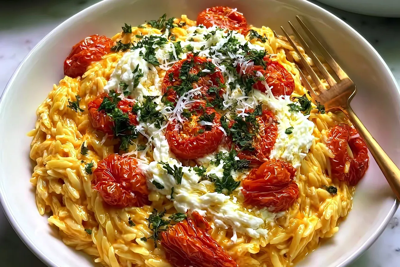 Creamy Roasted Tomato Orzo with Whipped Feta - Perfectly Cozy Dish