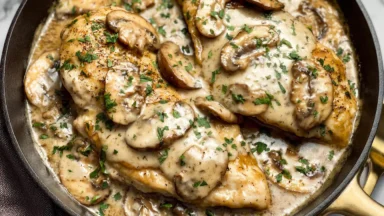 Creamy White Wine Mushroom Chicken on a Plate