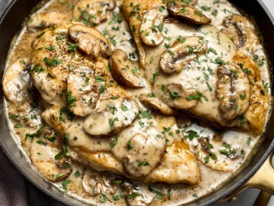 Creamy White Wine Mushroom Chicken on a Plate