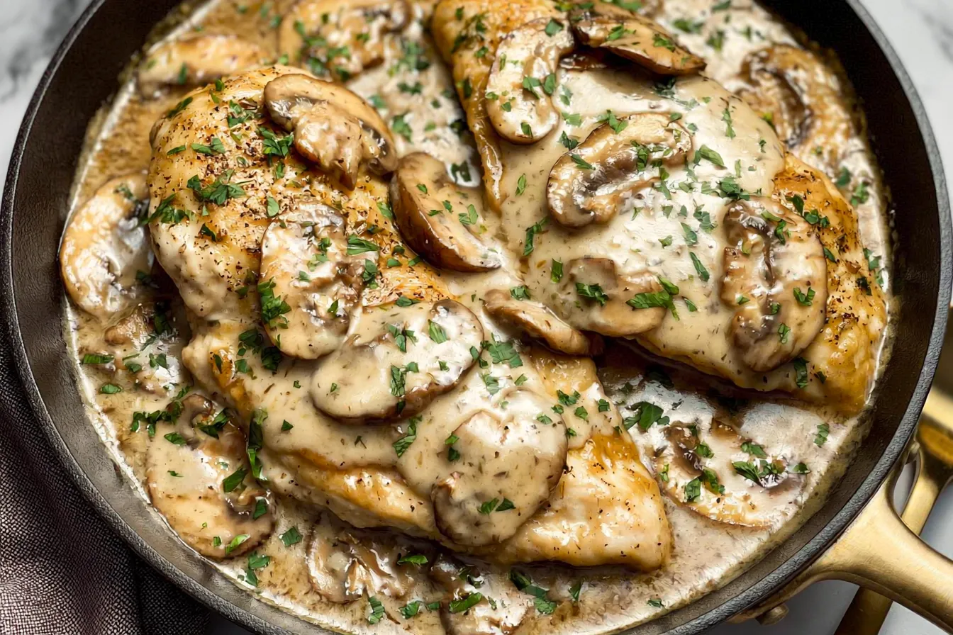 Creamy White Wine Mushroom Chicken on a Plate