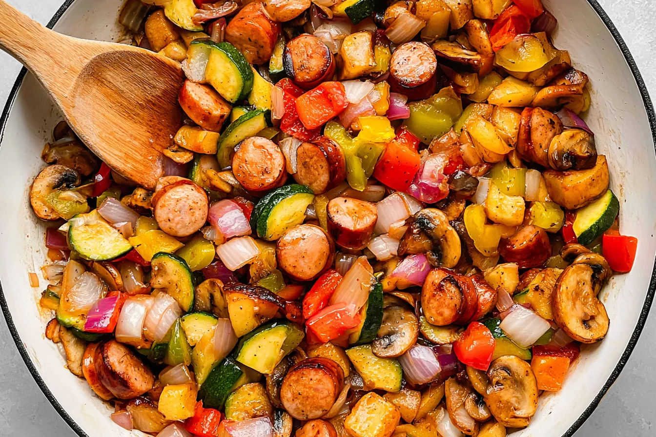 Easy Chicken Apple Sausage Stir Fry on a Plate