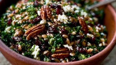 Delicious Festive Fall Farro Salad with Kale and Goat Cheese